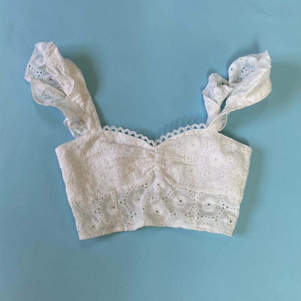 Meshki White Crop Top with Ruffles in XS